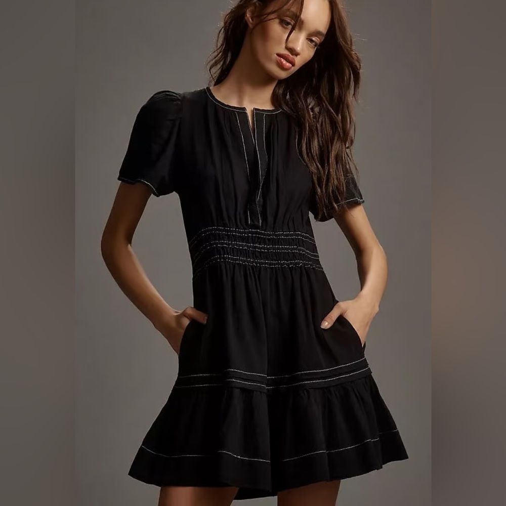 Anthropologie Somerset Mini Dress-Black with White Stitching